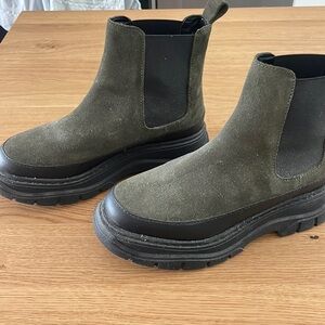 MAEVE Green SUEDE Leather BLACK BUMPER Soles CHELSEA Ankle BOOTS